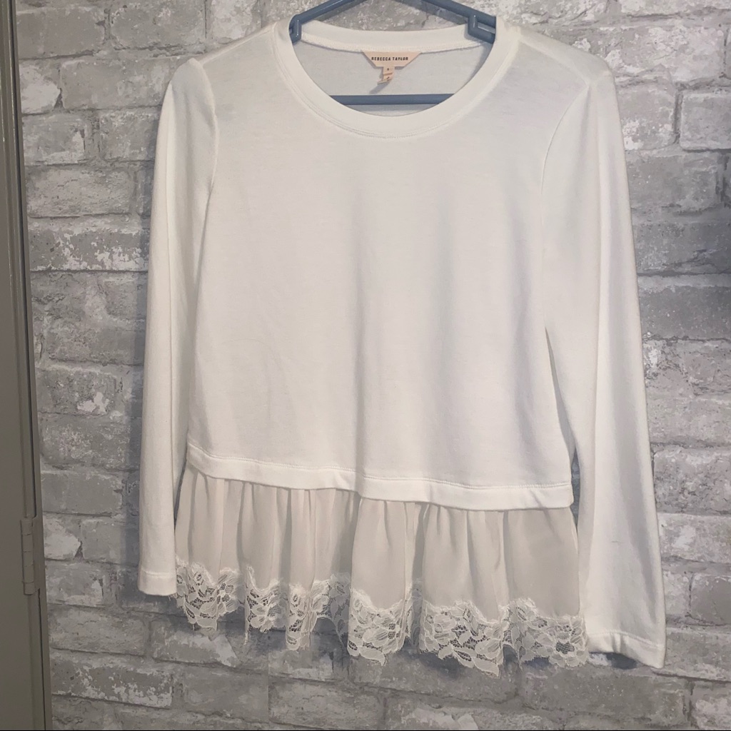 Rebecca Taylor Lace Peplum Long Sleeve Terry Knit Pullover Sz S